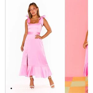 Show Me Your Mumu Garden Midi Dress Pink Luxe Satin‎ NWT Lrg (missing Belt)